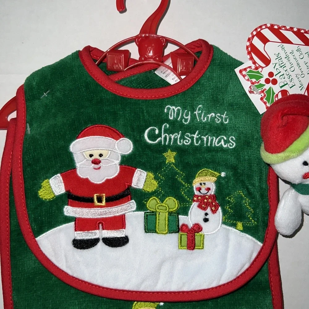 Set of 2‎ Baby Essentials My First Christmas Bib, Burp Cloth and Ornament NEW